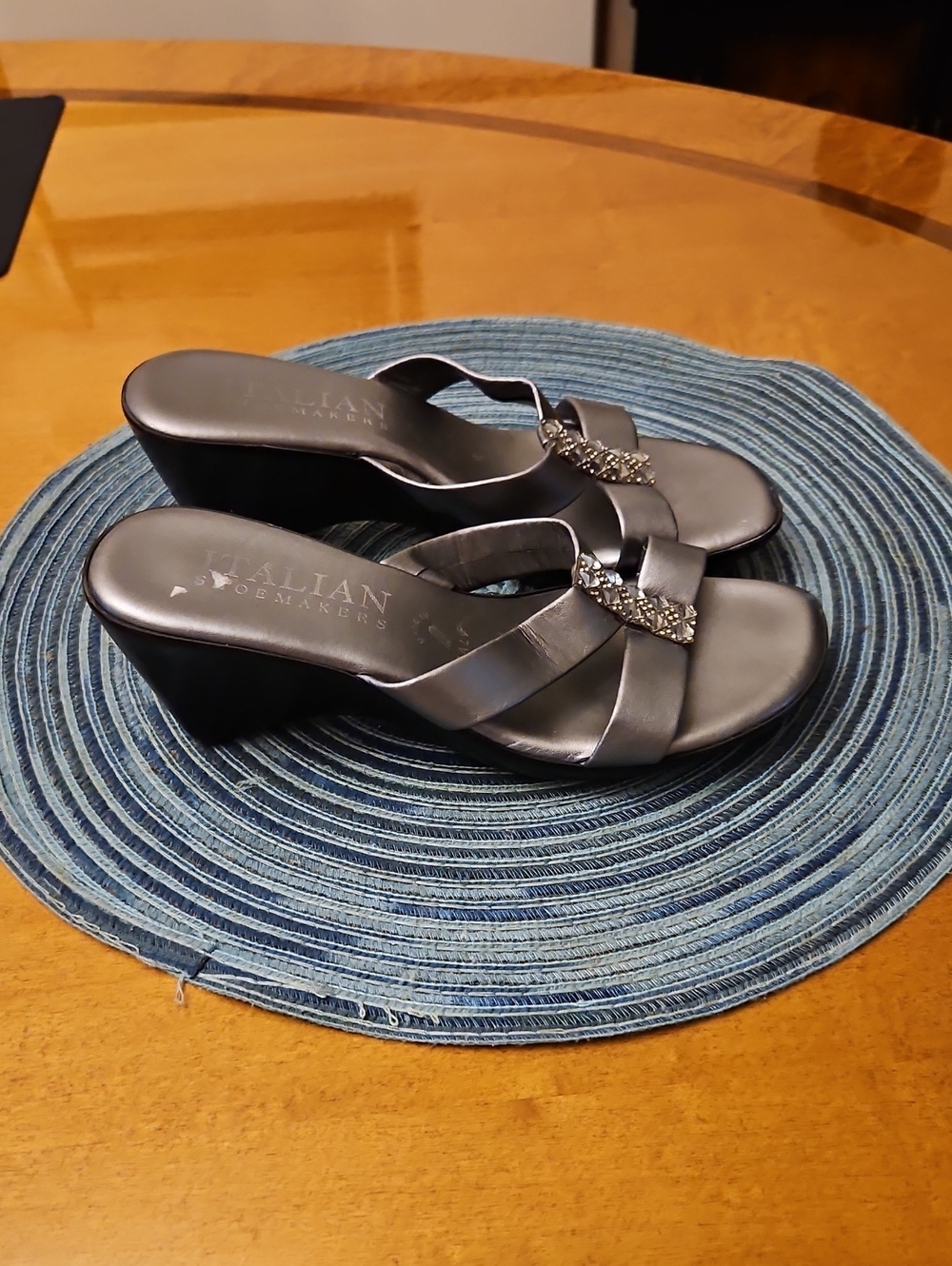 Italian Shoemakers Black Wedge Slide Sandals with Rhinestone Accent